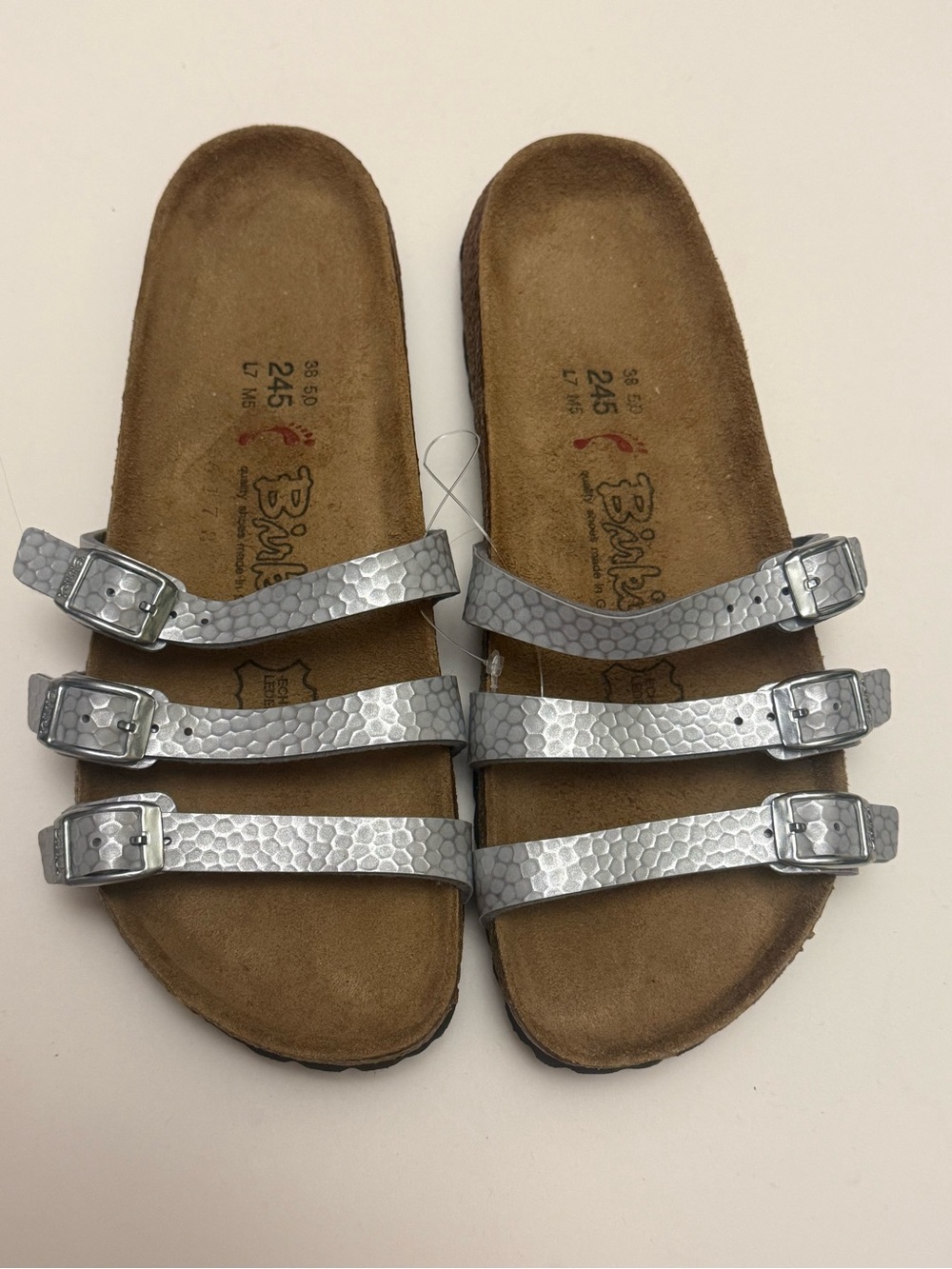 Birki’s by Birkenstock Silver Metallic Triple Strap Sandals Ladies 7